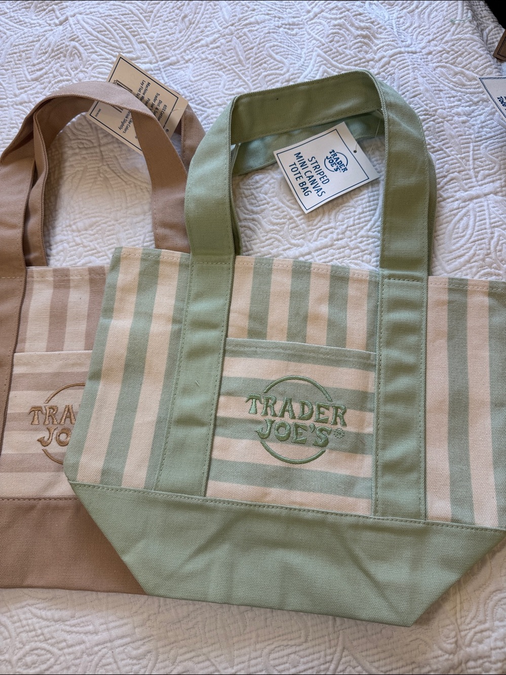 Trader Joe's NEW MINI Striped Canvas Tote Bags - Sage Green and Beige